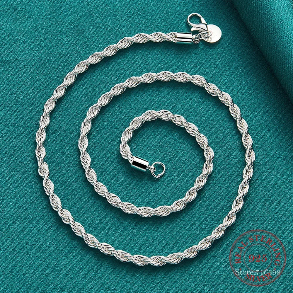 4MM Width!! Real 100% 925 Sterling Silver Men Rope Chain Fashion Unisex Party Wedding Gift Silver 925 Chain Necklace Men Jewelry
