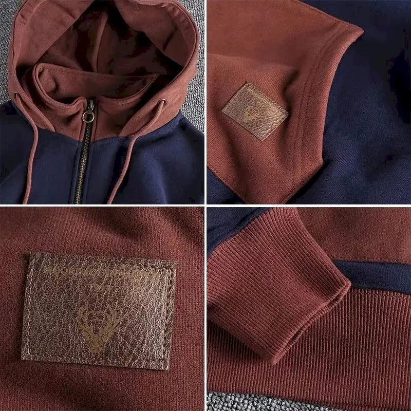 Fonekie Casual Handsome Hoodies Men 2025 Autumn Winter Retro Trend Color Contrast Hooded Jacket Youth Stand-up Collar Mens Coat