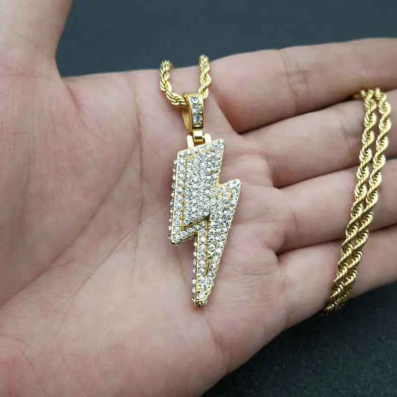 Men's Fashion Iced Out Chain Lightning Necklace Hip Hop Jewelry Full Zircon Necklace Male Jewelry Biker Accessories Gifts