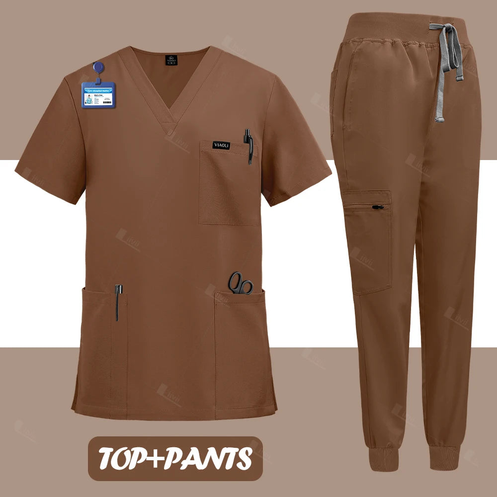NEW Surgical Nurse Uniforms Medical Scrubs Set Beauty Salon Lab Workwear Clinical Scrub Top+ Pants Doctor Nursing Suit Woman Men