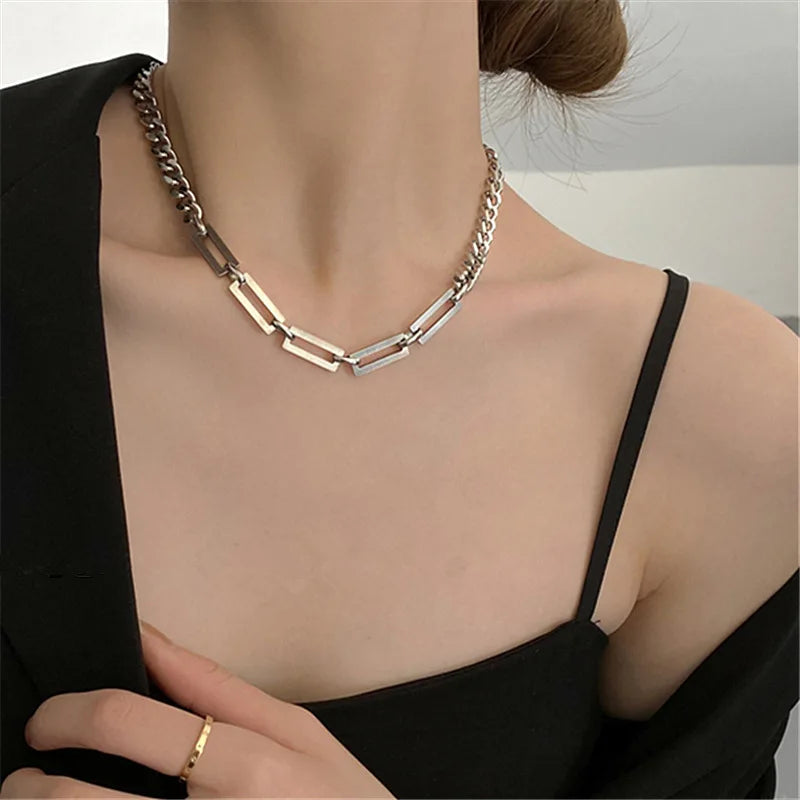 Stainless Steel Cuban Chain Choker Necklace for Men Simple Rectangle Korean Fashion Neck Chains Cool Hip Hop Neck Jewelry Male
