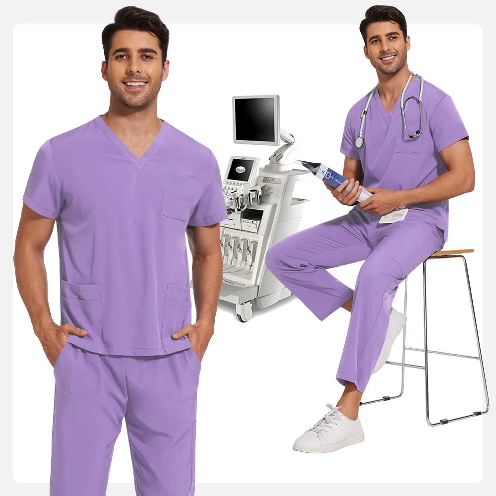 Scrubs Uniform Men Workwear Lab Work Clothes Uniforms Health Service Nursing Uniforms Short Sleeve V-neck Scrubs Tops+Pants Suit