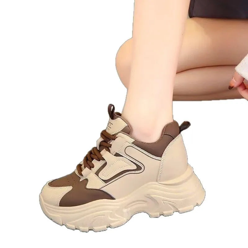 Women's 2025 Spring Sneakers with Thick Bottom and Leather Face High Inner Heel Shoes Comfortable for Sports and Casual Wear