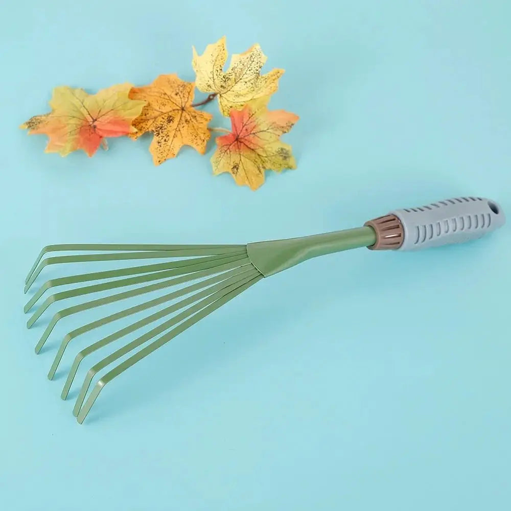 Gardening Tools 15.5 Inch 9Teeth Garden Rake Comfort Grip Green Grass Rake Iron Durable Hand Rake Lawns