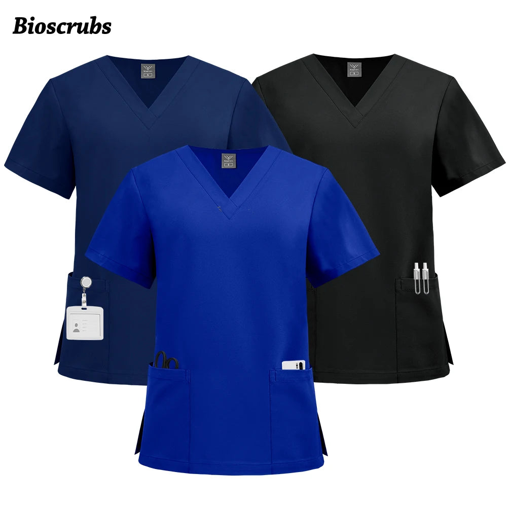 High Quality Medical Clothing for Women Men Pockets Quick Drying Solid Color Work Shirt Doctor Nurse Blouse Wholesale Scrubs Top