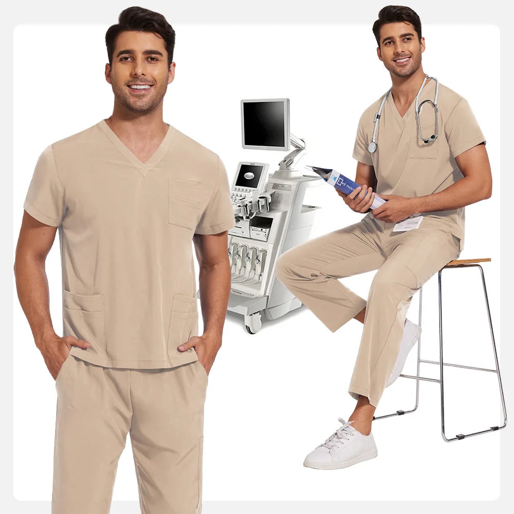 Scrubs Uniform Men Workwear Lab Work Clothes Uniforms Health Service Nursing Uniforms Short Sleeve V-neck Scrubs Tops+Pants Suit