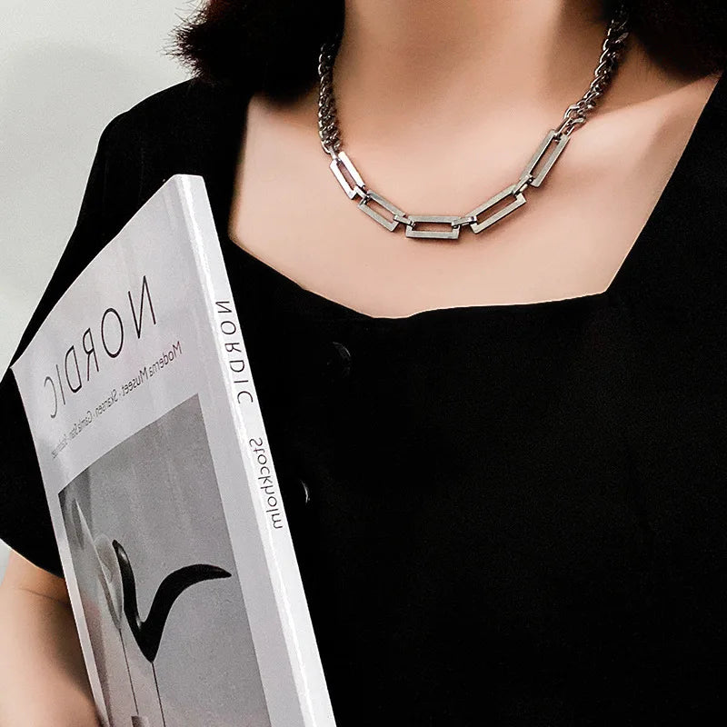 Stainless Steel Cuban Chain Choker Necklace for Men Simple Rectangle Korean Fashion Neck Chains Cool Hip Hop Neck Jewelry Male