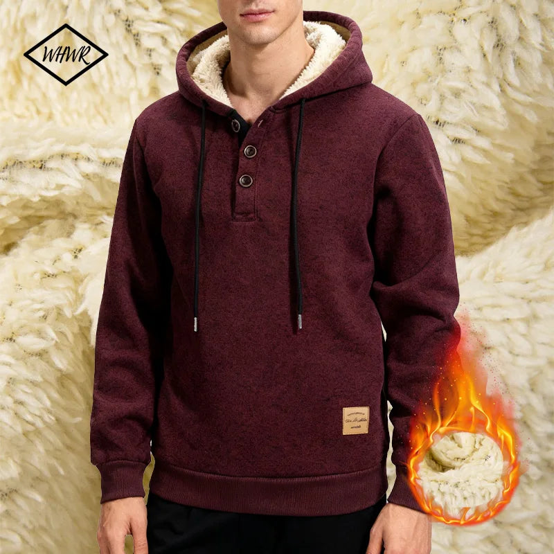 Men's Fleece Hoodies Long Sleeve Sweatshirt Button Design Hooded Sweatshirt for Men Clothing Sportswear Slim Fit Casual Pullover