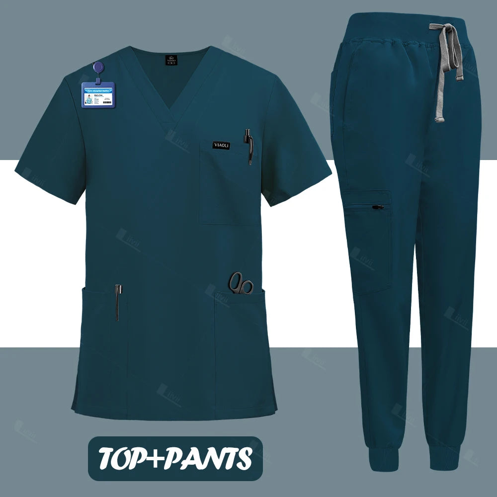 NEW Surgical Nurse Uniforms Medical Scrubs Set Beauty Salon Lab Workwear Clinical Scrub Top+ Pants Doctor Nursing Suit Woman Men