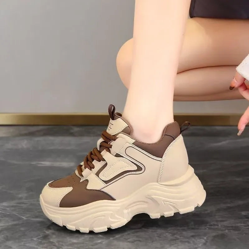 Women's 2025 Spring Sneakers with Thick Bottom and Leather Face High Inner Heel Shoes Comfortable for Sports and Casual Wear
