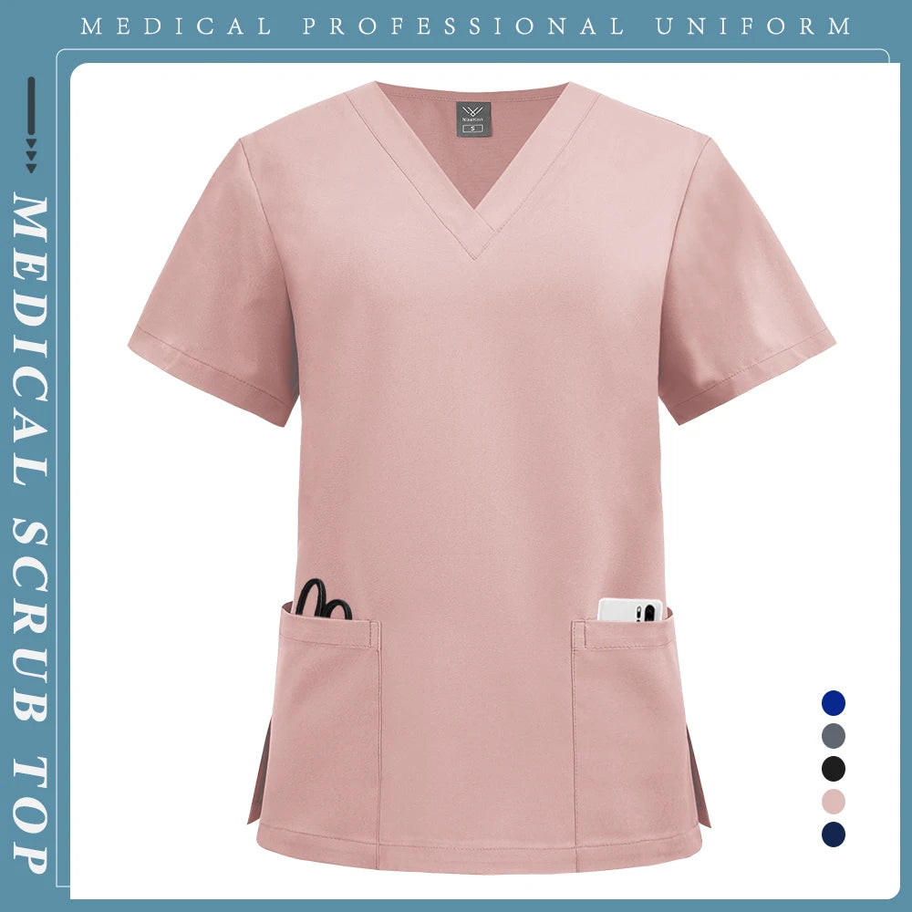 High Quality Medical Clothing for Women Men Pockets Quick Drying Solid Color Work Shirt Doctor Nurse Blouse Wholesale Scrubs Top