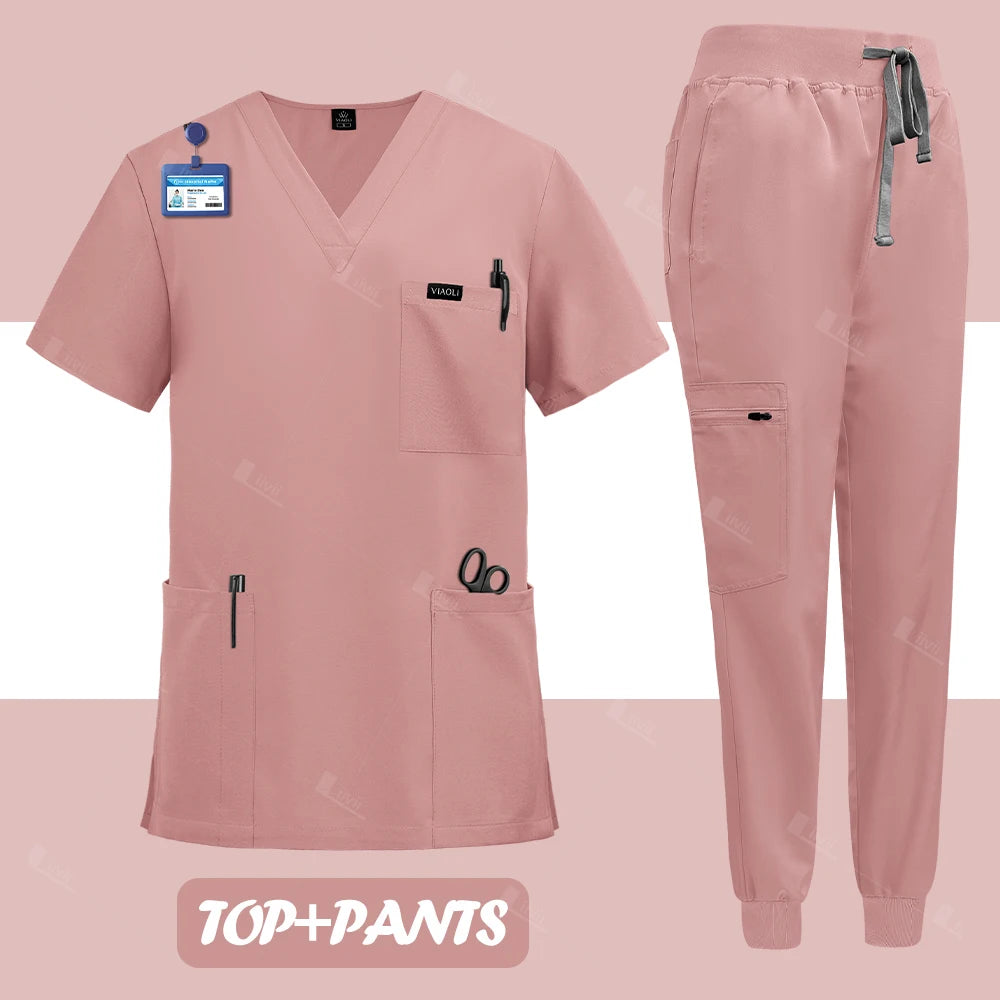 NEW Surgical Nurse Uniforms Medical Scrubs Set Beauty Salon Lab Workwear Clinical Scrub Top+ Pants Doctor Nursing Suit Woman Men