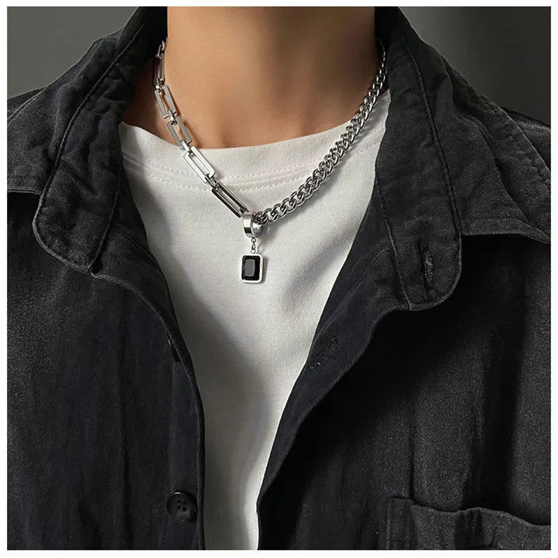 Stainless Steel Cuban Chain Choker Necklace for Men Simple Rectangle Korean Fashion Neck Chains Cool Hip Hop Neck Jewelry Male