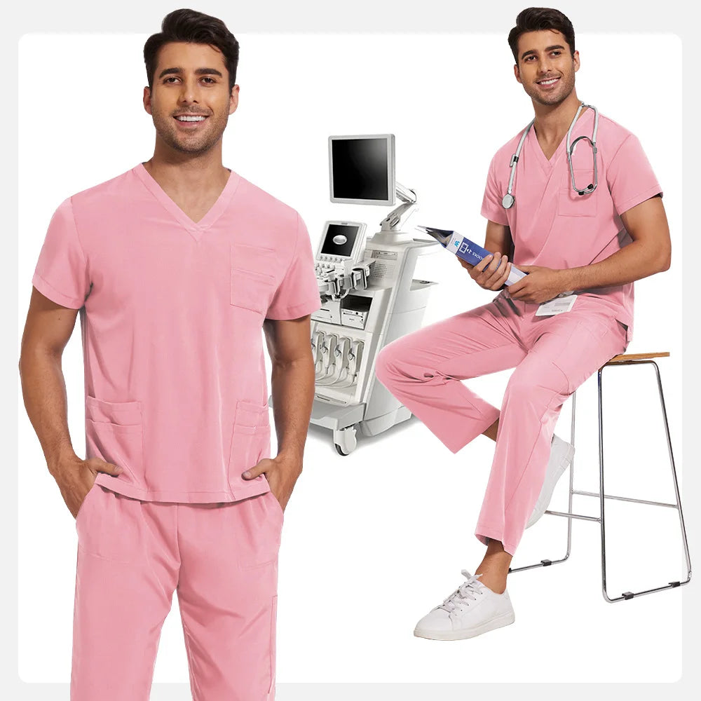 Scrubs Uniform Men Workwear Lab Work Clothes Uniforms Health Service Nursing Uniforms Short Sleeve V-neck Scrubs Tops+Pants Suit