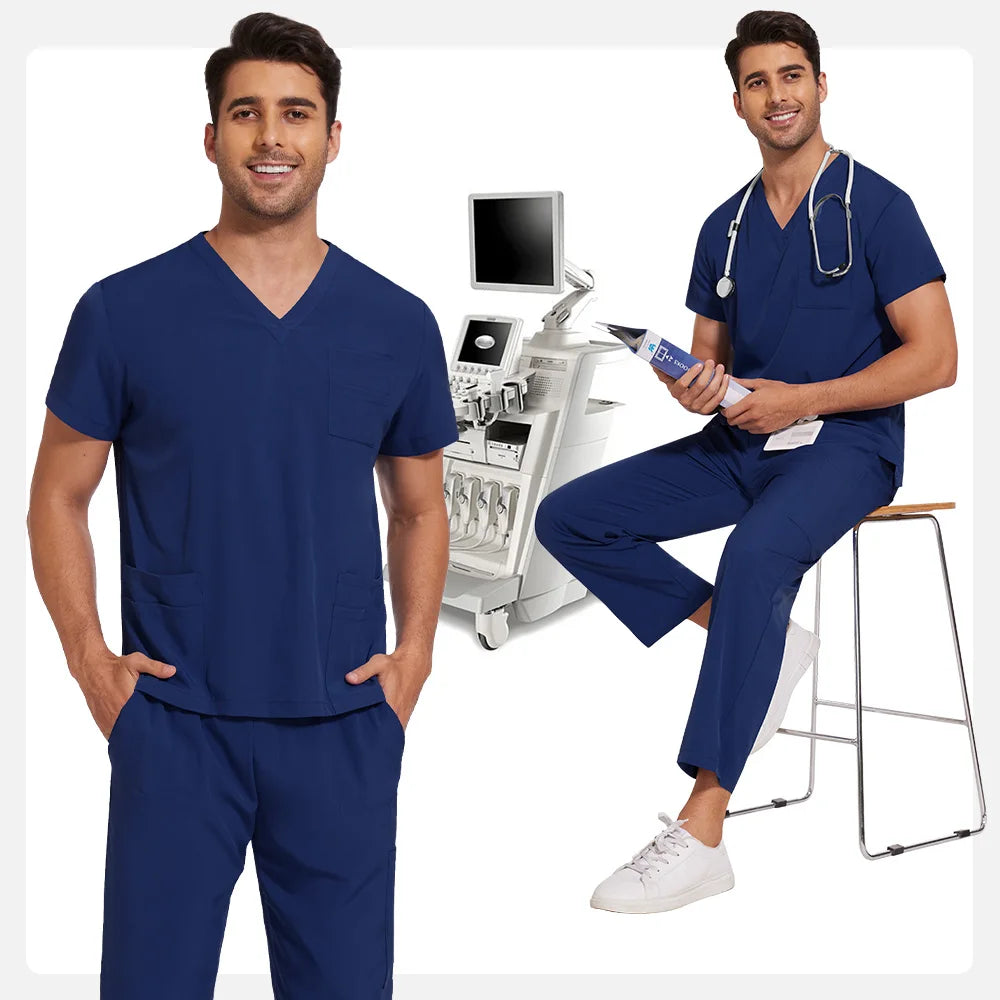 Scrubs Uniform Men Workwear Lab Work Clothes Uniforms Health Service Nursing Uniforms Short Sleeve V-neck Scrubs Tops+Pants Suit