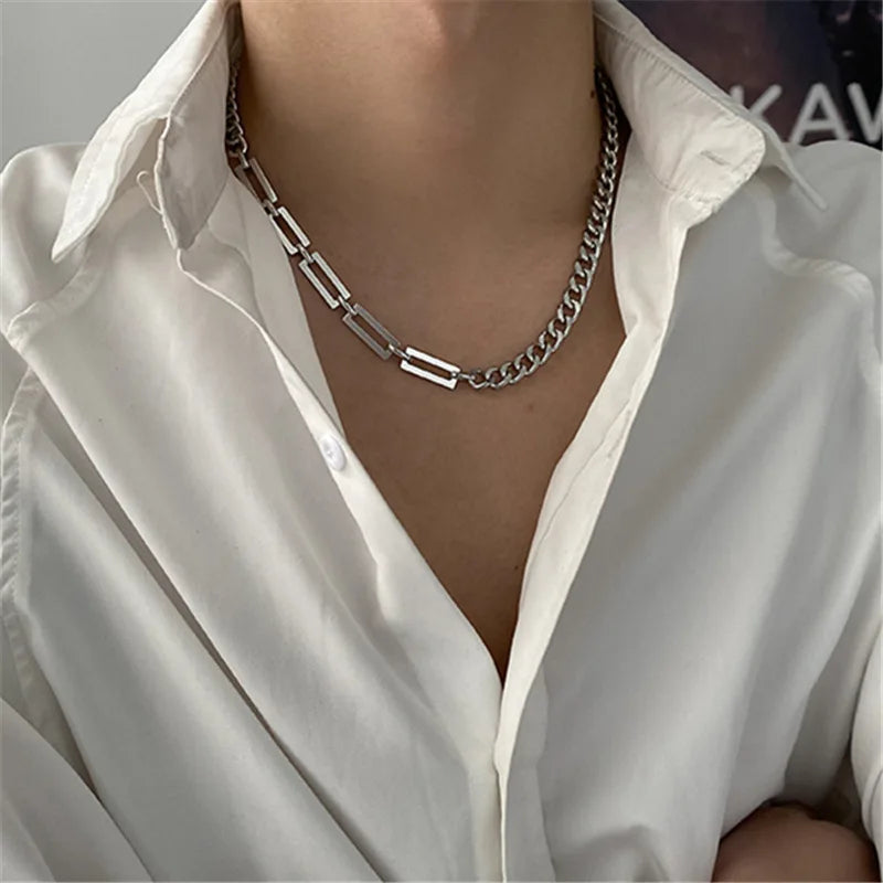 Stainless Steel Cuban Chain Choker Necklace for Men Simple Rectangle Korean Fashion Neck Chains Cool Hip Hop Neck Jewelry Male