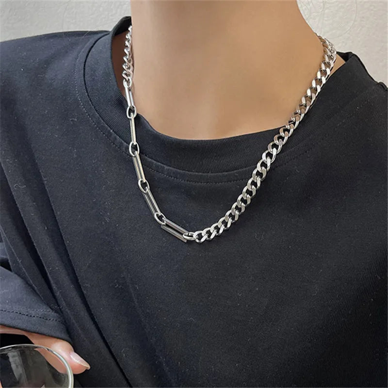 Stainless Steel Cuban Chain Choker Necklace for Men Simple Rectangle Korean Fashion Neck Chains Cool Hip Hop Neck Jewelry Male
