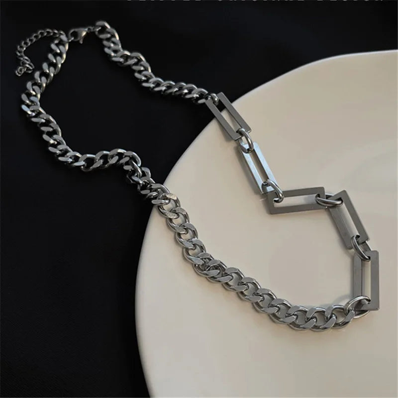 Stainless Steel Cuban Chain Choker Necklace for Men Simple Rectangle Korean Fashion Neck Chains Cool Hip Hop Neck Jewelry Male