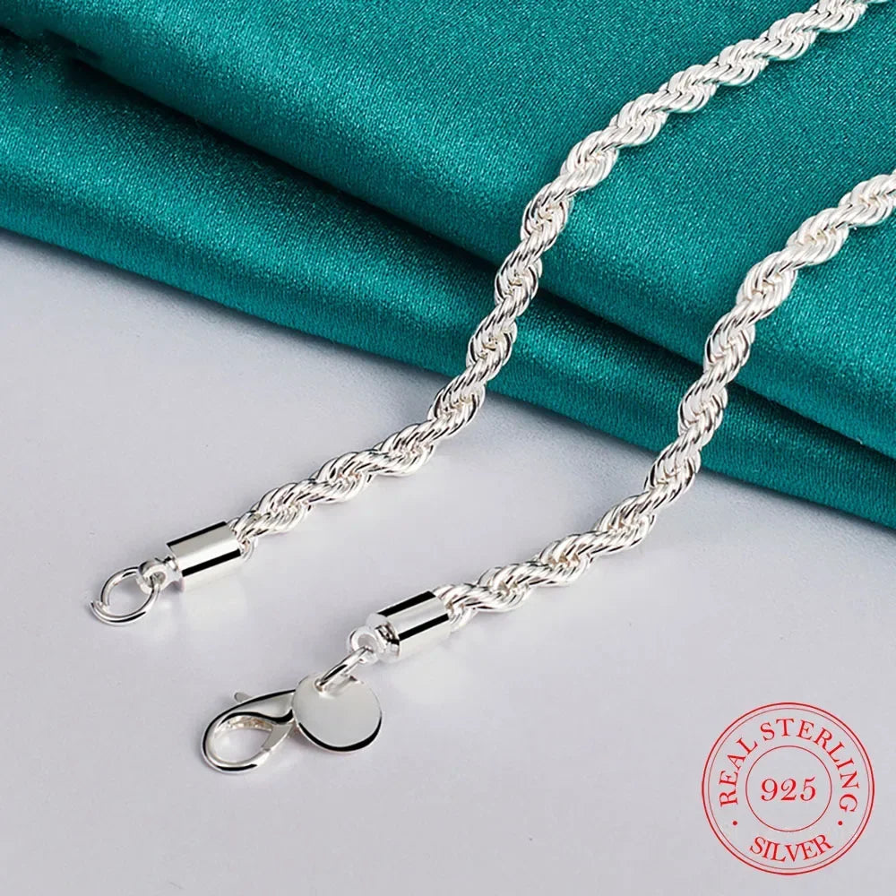 4MM Width!! Real 100% 925 Sterling Silver Men Rope Chain Fashion Unisex Party Wedding Gift Silver 925 Chain Necklace Men Jewelry
