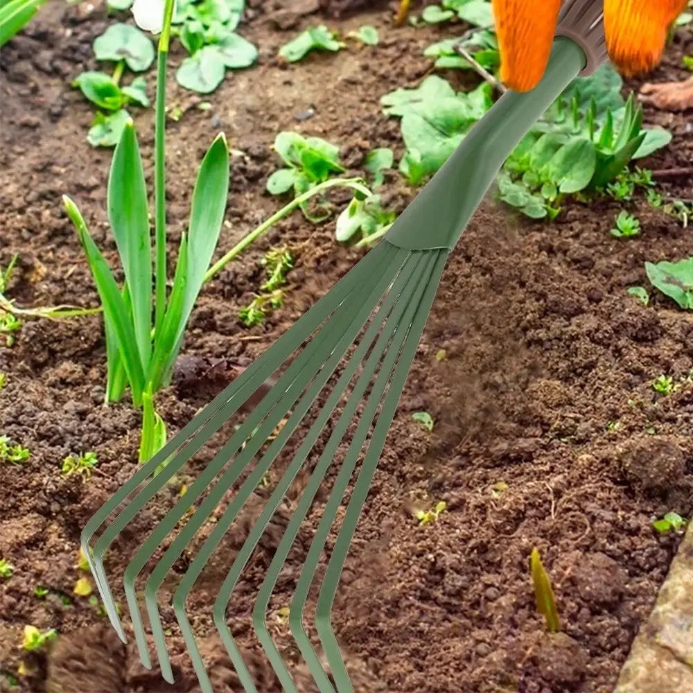 Gardening Tools 15.5 Inch 9Teeth Garden Rake Comfort Grip Green Grass Rake Iron Durable Hand Rake Lawns