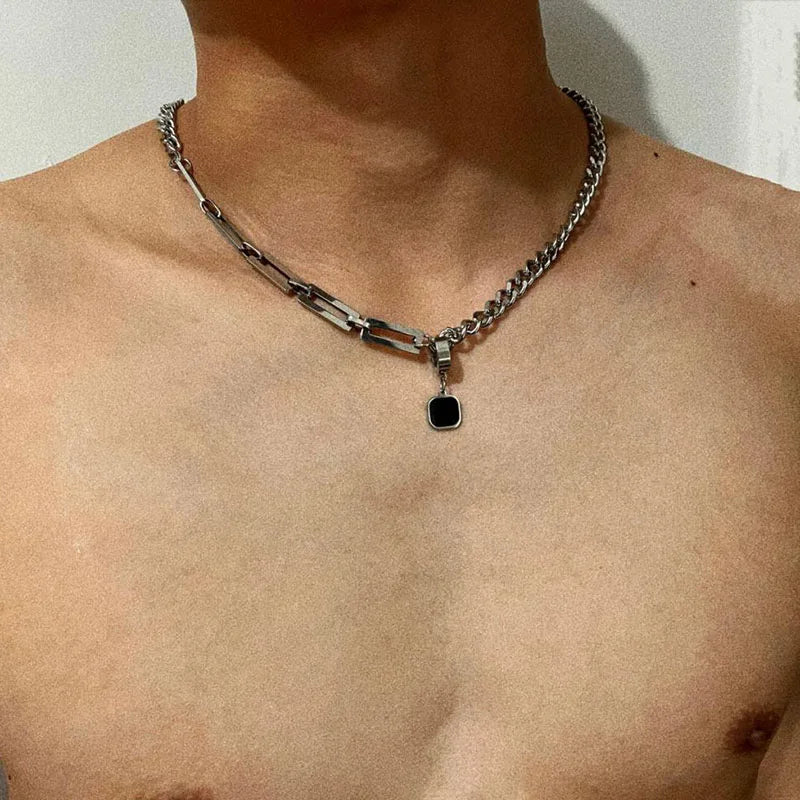 Stainless Steel Cuban Chain Choker Necklace for Men Simple Rectangle Korean Fashion Neck Chains Cool Hip Hop Neck Jewelry Male
