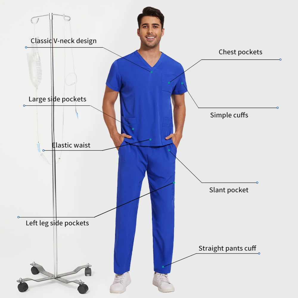 Scrubs Uniform Men Workwear Lab Work Clothes Uniforms Health Service Nursing Uniforms Short Sleeve V-neck Scrubs Tops+Pants Suit
