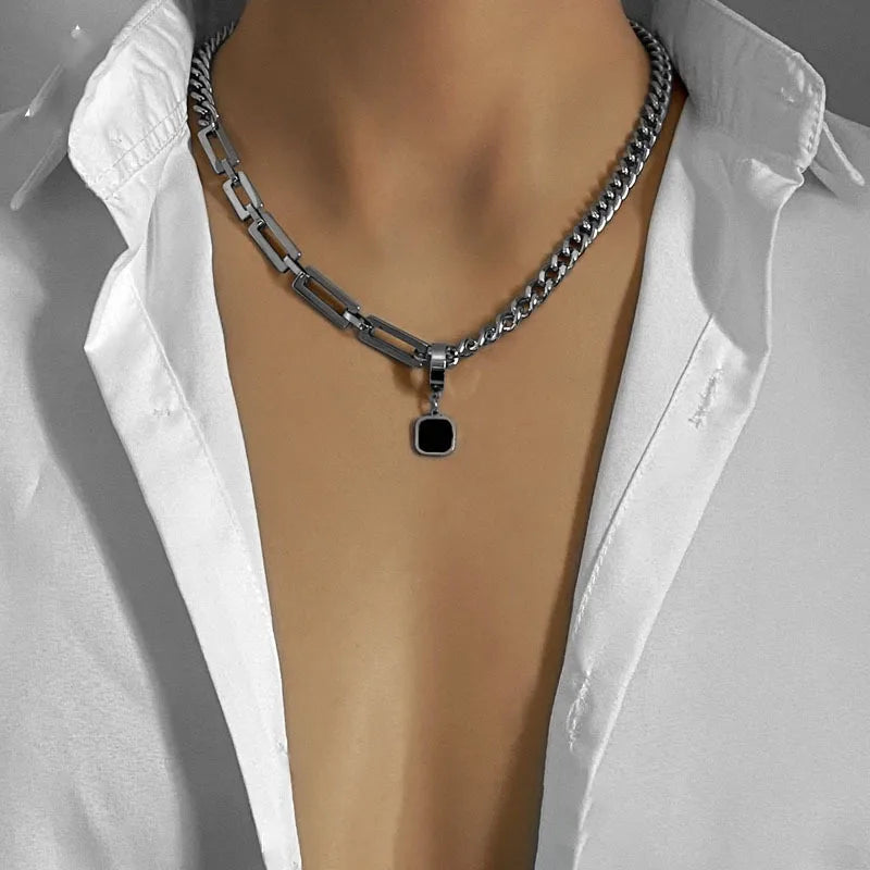 Stainless Steel Cuban Chain Choker Necklace for Men Simple Rectangle Korean Fashion Neck Chains Cool Hip Hop Neck Jewelry Male