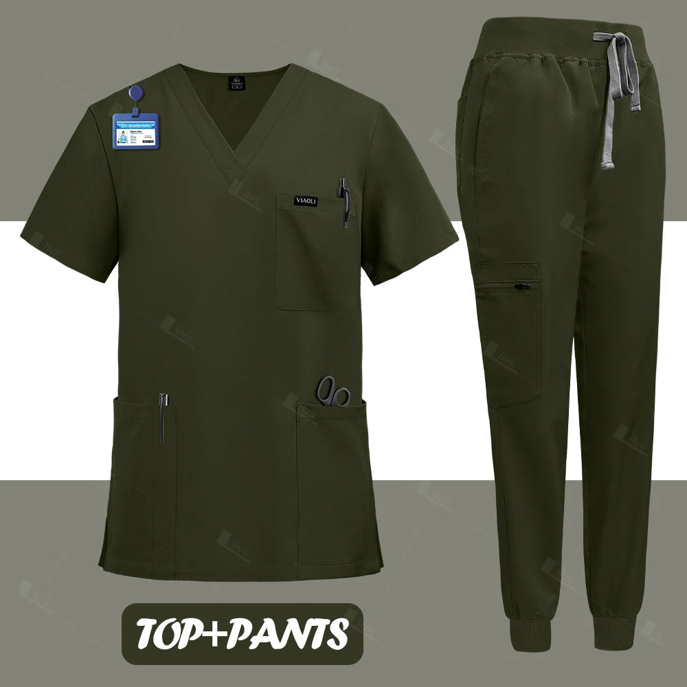 NEW Surgical Nurse Uniforms Medical Scrubs Set Beauty Salon Lab Workwear Clinical Scrub Top+ Pants Doctor Nursing Suit Woman Men