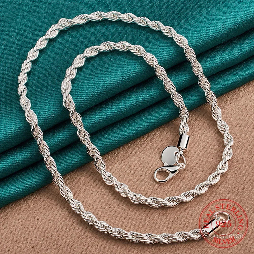4MM Width!! Real 100% 925 Sterling Silver Men Rope Chain Fashion Unisex Party Wedding Gift Silver 925 Chain Necklace Men Jewelry