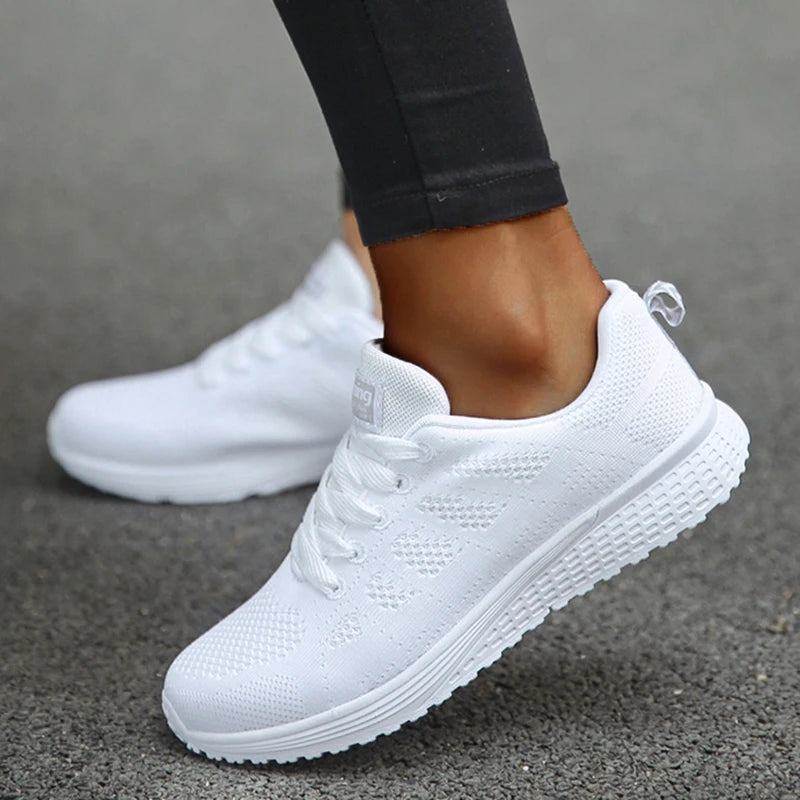 Women's Sneakers 2024 New Fashion Breathable Solid Color Walking Sneakers Women Mesh Fabric Lace Up Shoes Women Female Footwear