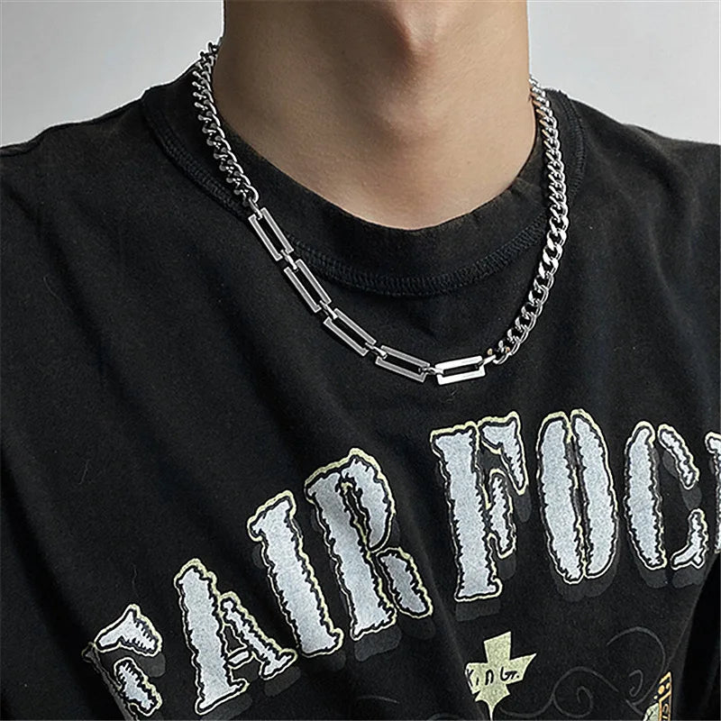 Stainless Steel Cuban Chain Choker Necklace for Men Simple Rectangle Korean Fashion Neck Chains Cool Hip Hop Neck Jewelry Male
