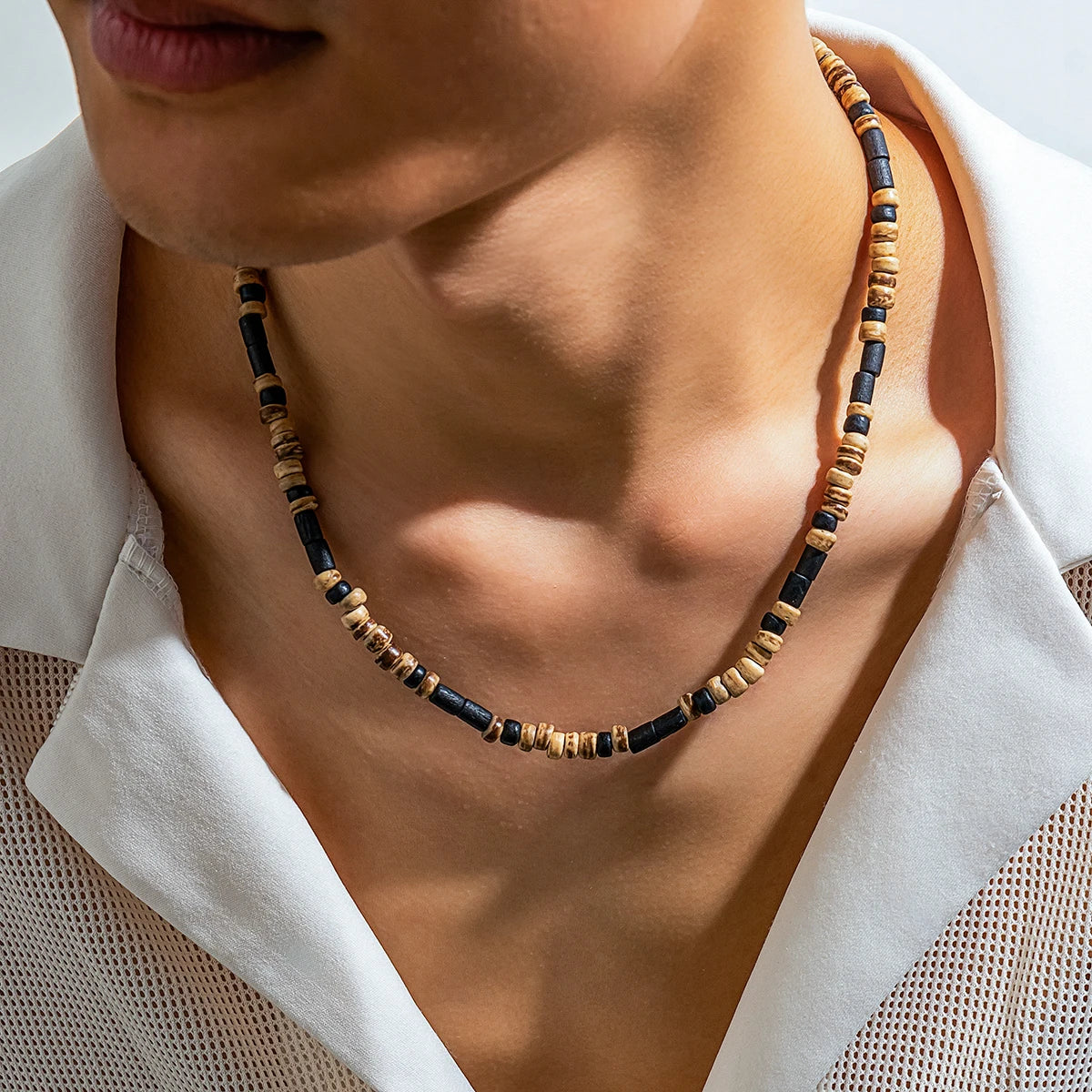 Brown and Black Small Beaded Chain Necklace Men Trendy Wood Beads Short Choker Necklace Collar on Neck 2023 Fashion Jewelry Male