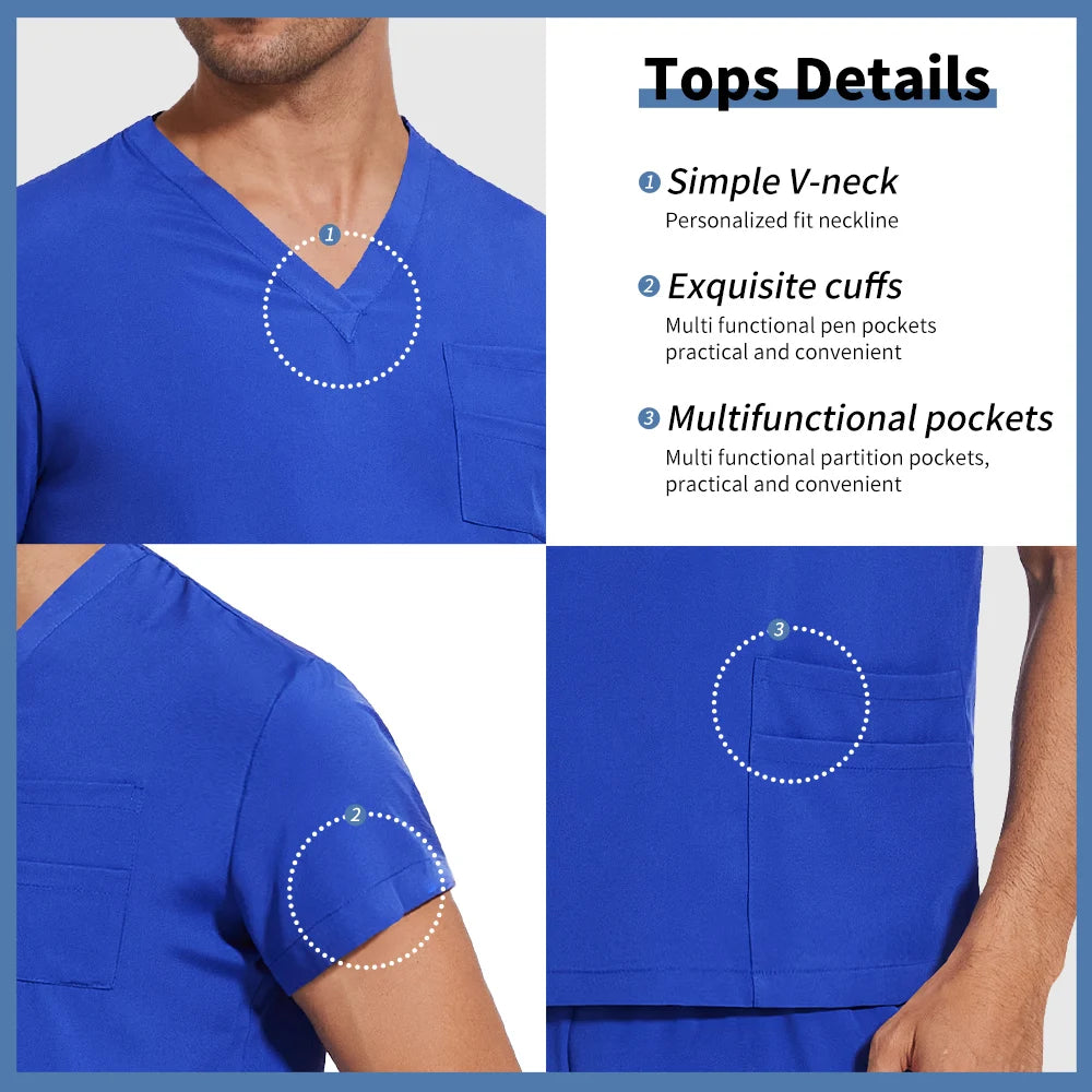 Scrubs Uniform Men Workwear Lab Work Clothes Uniforms Health Service Nursing Uniforms Short Sleeve V-neck Scrubs Tops+Pants Suit