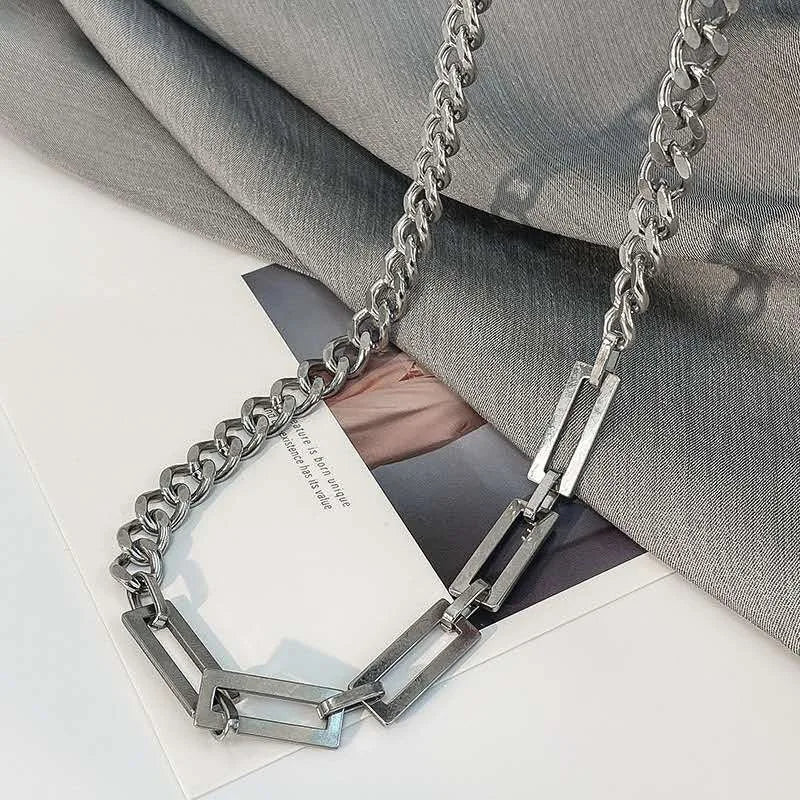 Stainless Steel Cuban Chain Choker Necklace for Men Simple Rectangle Korean Fashion Neck Chains Cool Hip Hop Neck Jewelry Male