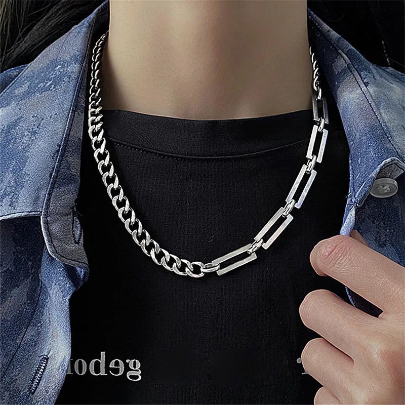 Stainless Steel Cuban Chain Choker Necklace for Men Simple Rectangle Korean Fashion Neck Chains Cool Hip Hop Neck Jewelry Male