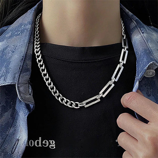 Stainless Steel Cuban Chain Choker Necklace for Men Simple Rectangle Korean Fashion Neck Chains Cool Hip Hop Neck Jewelry Male