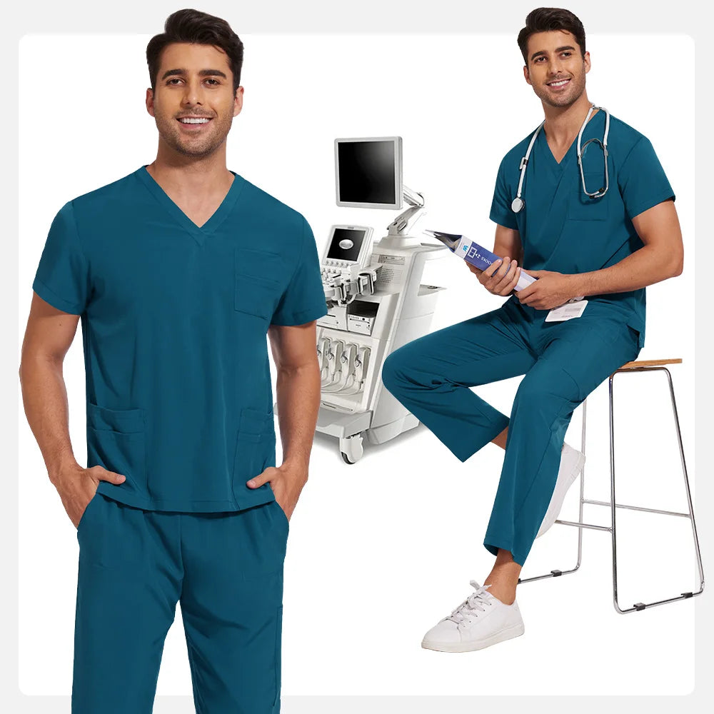 Scrubs Uniform Men Workwear Lab Work Clothes Uniforms Health Service Nursing Uniforms Short Sleeve V-neck Scrubs Tops+Pants Suit