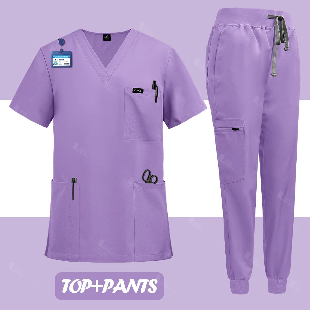 NEW Surgical Nurse Uniforms Medical Scrubs Set Beauty Salon Lab Workwear Clinical Scrub Top+ Pants Doctor Nursing Suit Woman Men
